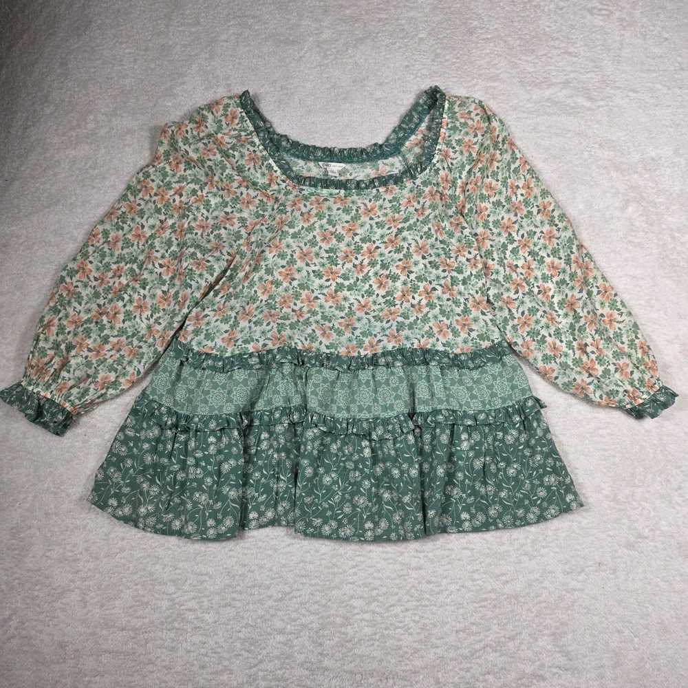Cato Babydoll Top Womens Medium Green Floral Tiered Ruffle‎ Peasant Blouse